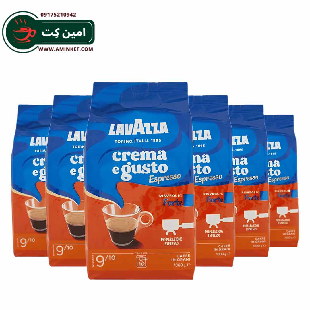6 بسته دانه قهوه لاوازا lavazza مدل کرما اِ گاستو اسپرسو فورته Crema e gusto espresso forte یک کیلویی (اورجینال)
